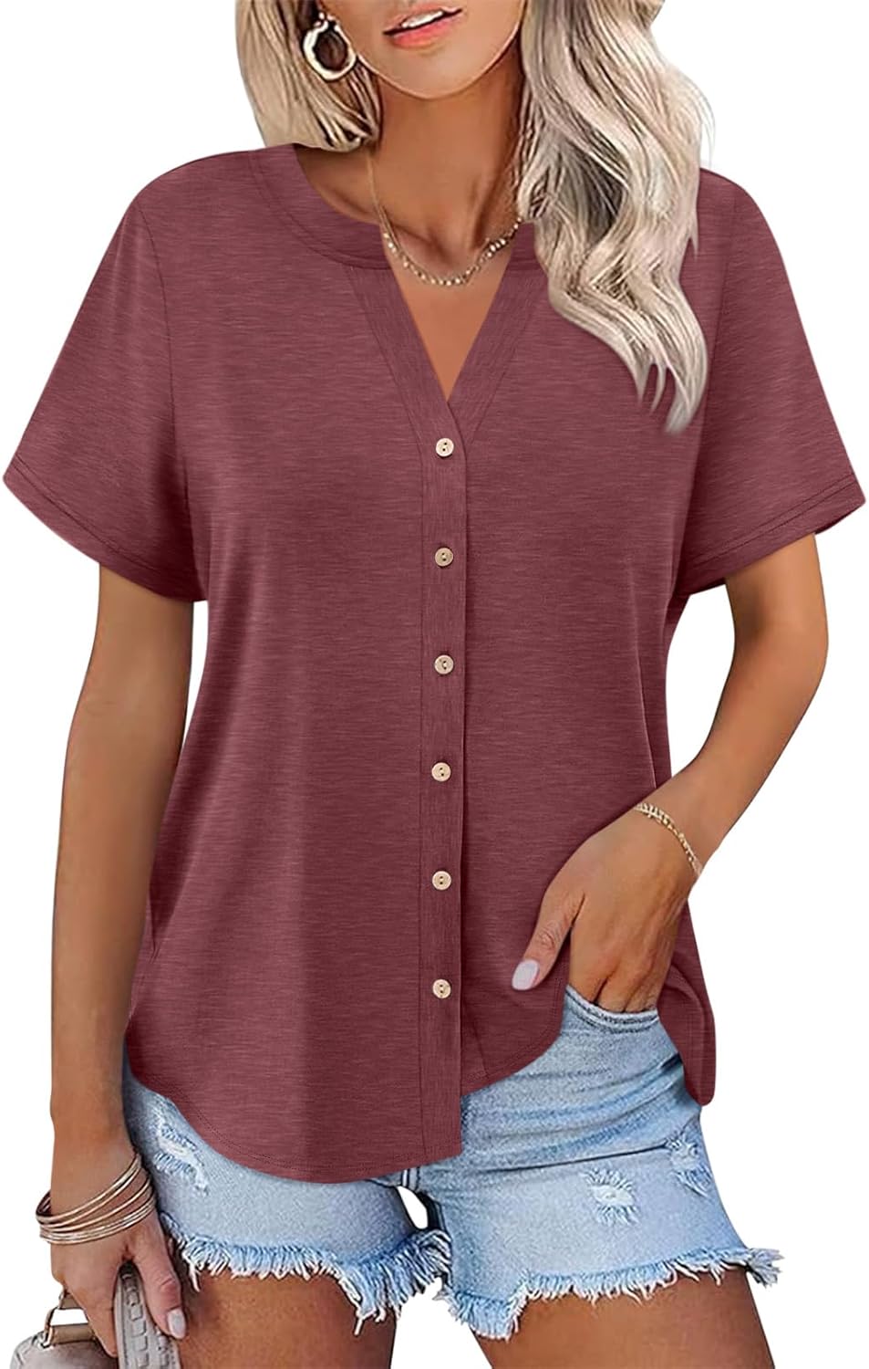 Womens Short Sleeve Button Down Tops Dressy Casual V Neck Summer Shirts Trendy Tees