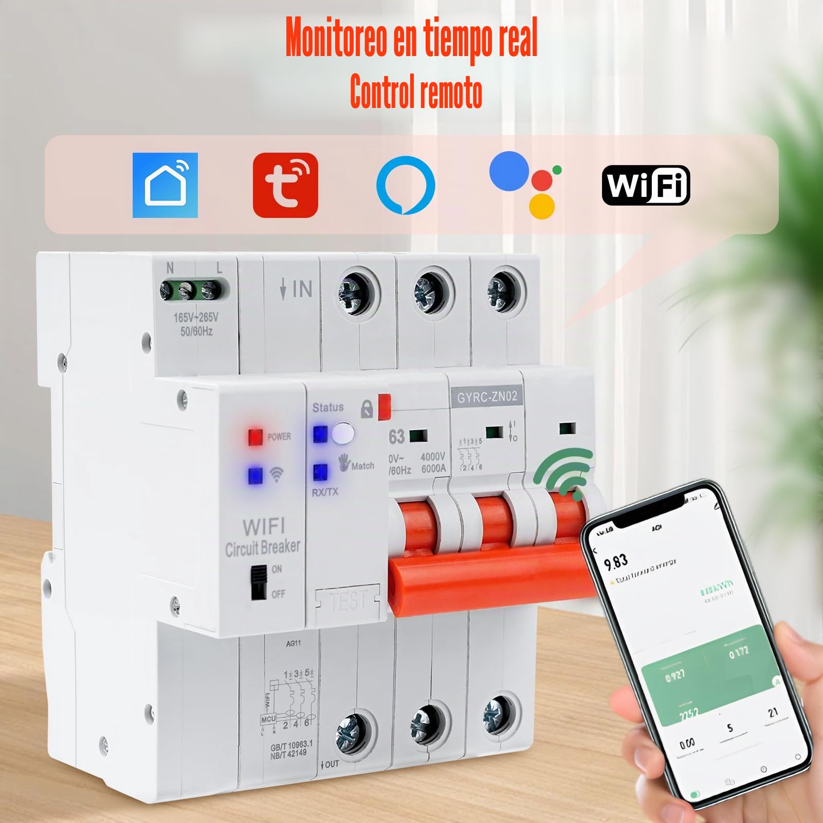 Jadeshay Disyuntor Inteligente WiFi 63A 3P 400VAC Interruptor Magnetotérmico con Rearme Automático Protección contra Sobretensión y Sobrecarga Control Remoto WiFi Compatible con Tuya y Smart Life