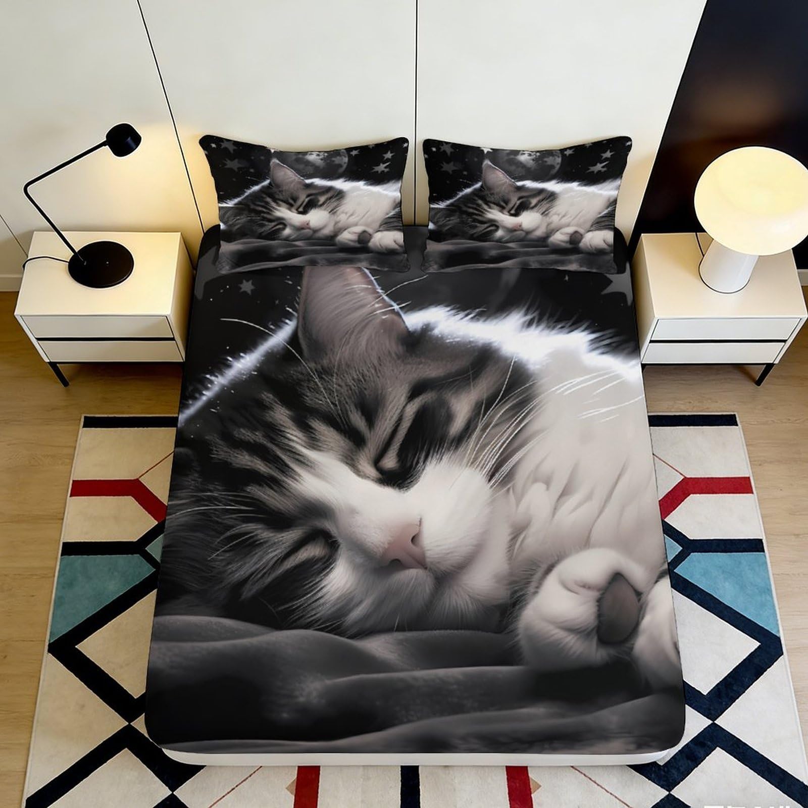 3D Printed Sleeping Cat Fitted Sheet Microfiber Soft Breathable Moon Mattress Cover for Bedroom Guest Room Decor 90x200x25cm