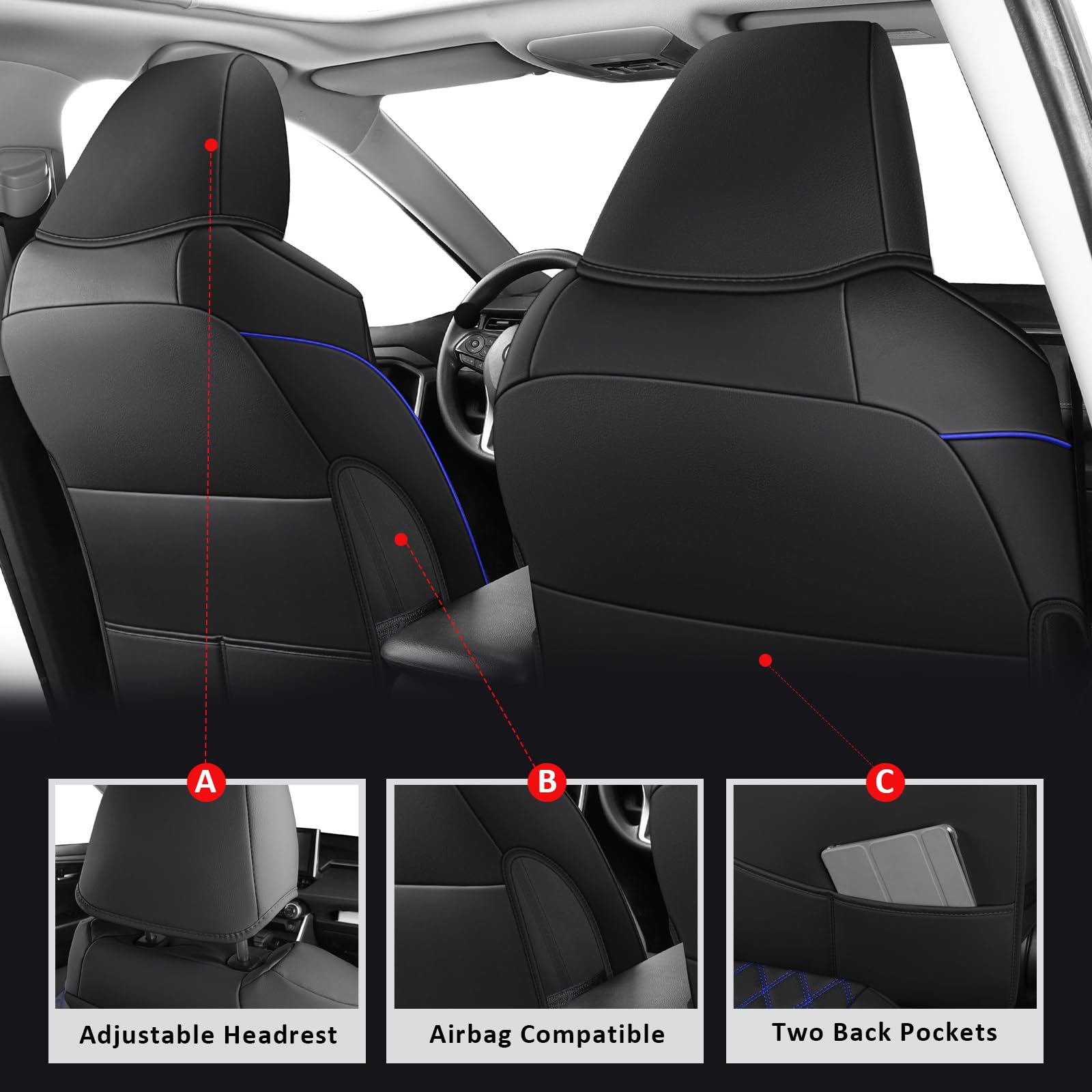 MIROZO Car Seat Covers for Toyota Rav4, Leather Rav4 Seat Covers Compatible with 2019 2020 2021 2022 2023 2024 2025 Toyota RAV4 Hybrid LE XLE Limited Seat Cover Full Set(Black and Red)