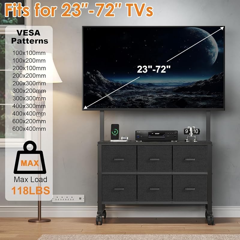 Portable Mobile TV Cart Rolling TV Stand with 6 Drawers for 23-72 in TV image 2