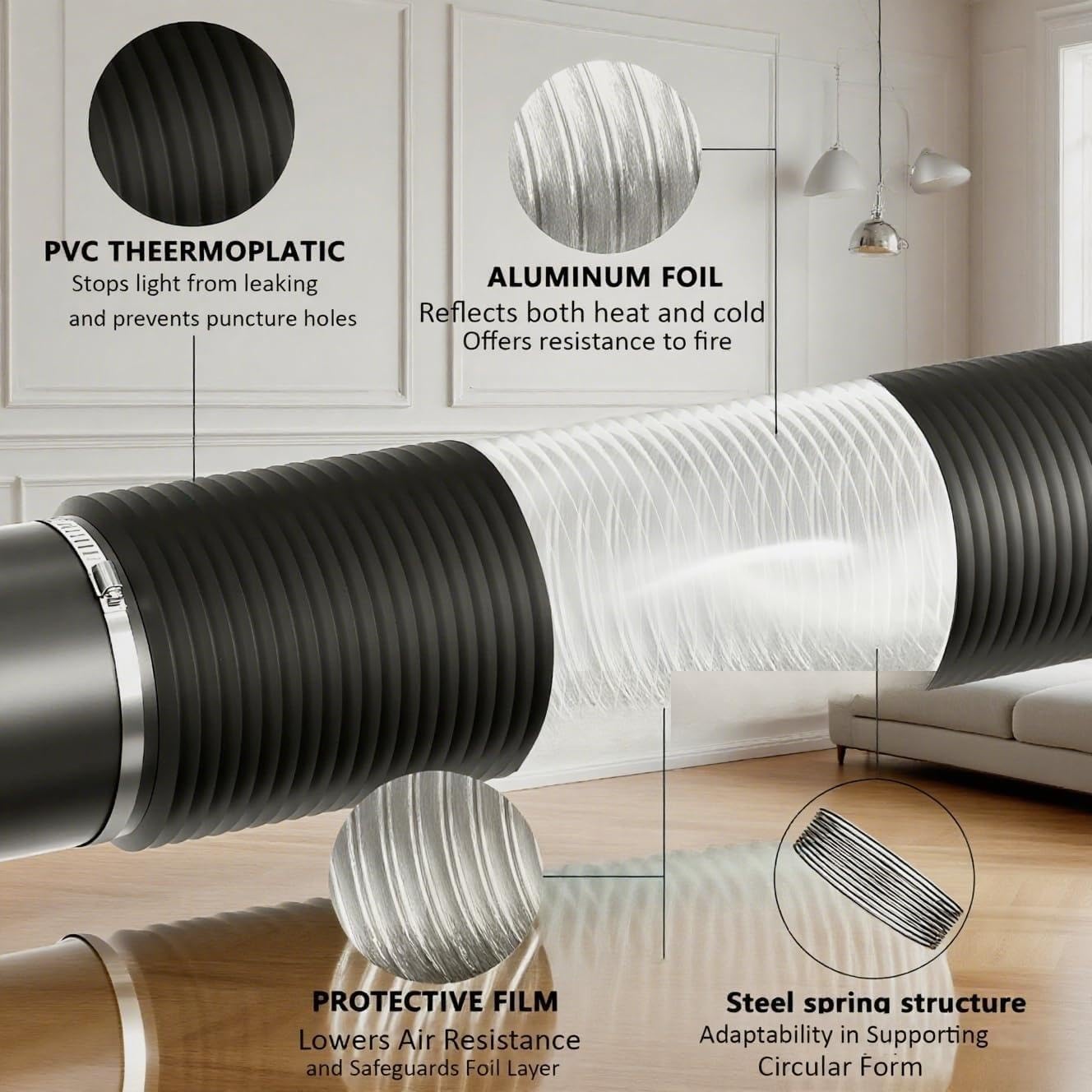 Conducto de aluminio flexible de 14 pulgadas y 12 pies, manguera de ventilación de 4 capas de protección para calefacción HVAC, ventilación y escape, 2 abrazaderas incluidas, color negro (13