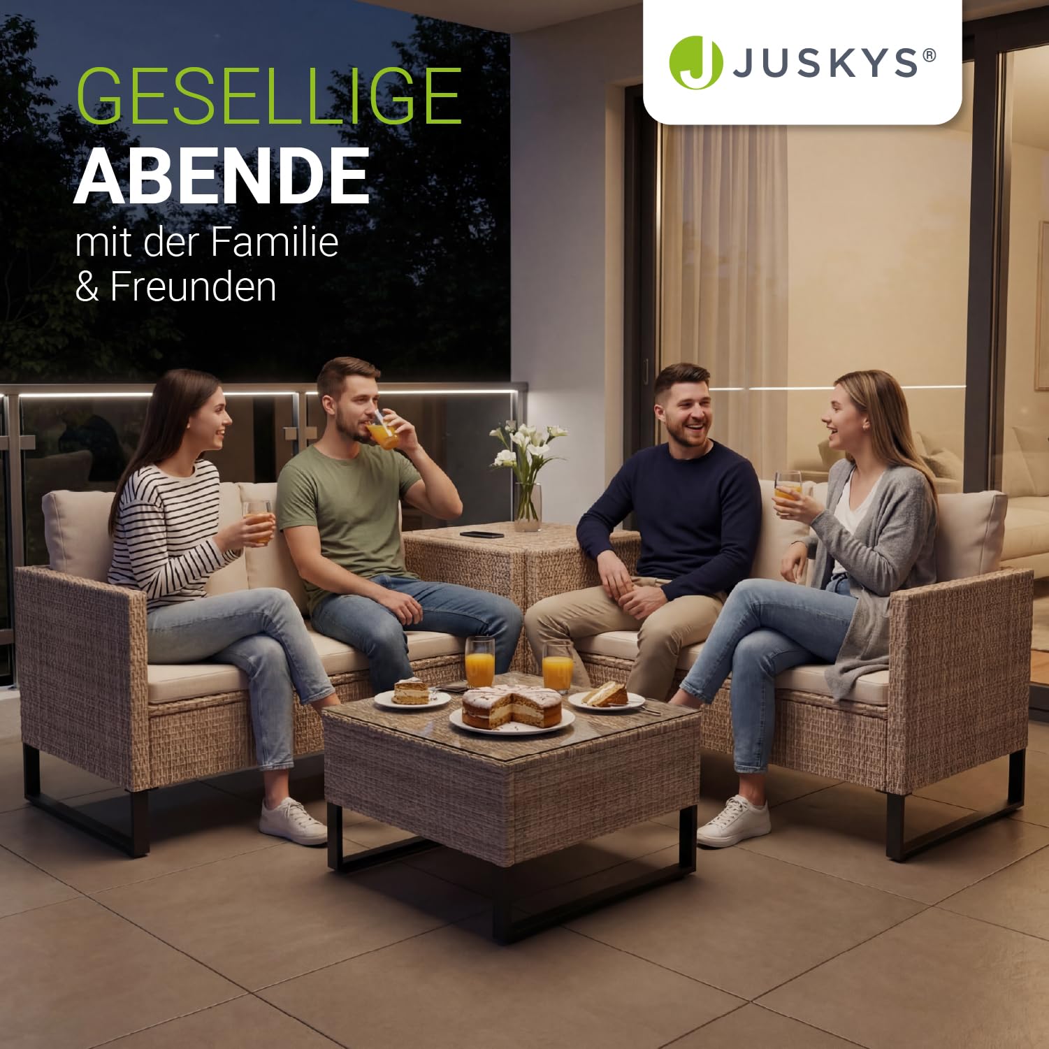 Juskys® Outdoor Polyrattan Lounge Santorini inkl. Abdeckung - Gartenlounge mit Beistelltisch & Auflagenbox - Gartenmöbel Set Rattan Sitzecke wetterfest - Creme