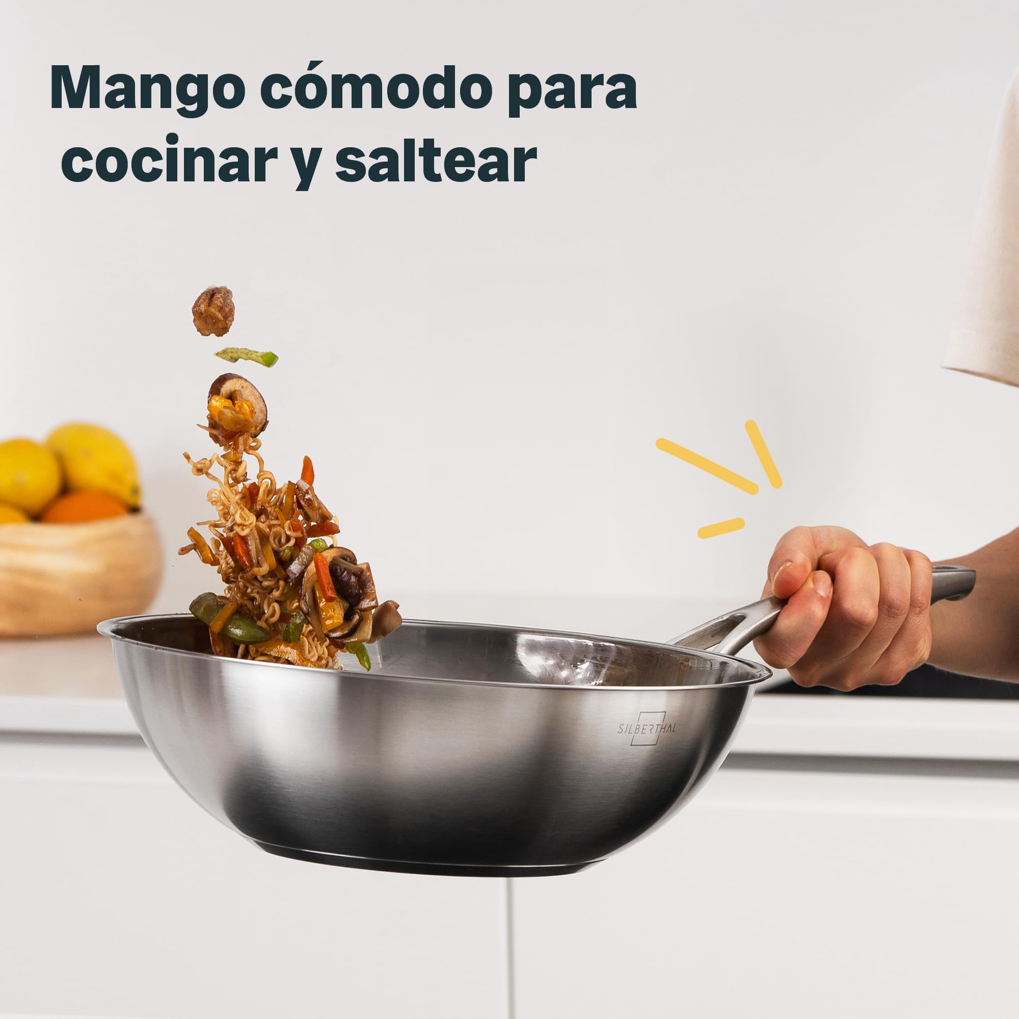 SILBERTHAL Wok acero inoxidable 28 cm - Induccion gas y vitroceramica - Sarten honda para saltear y freir