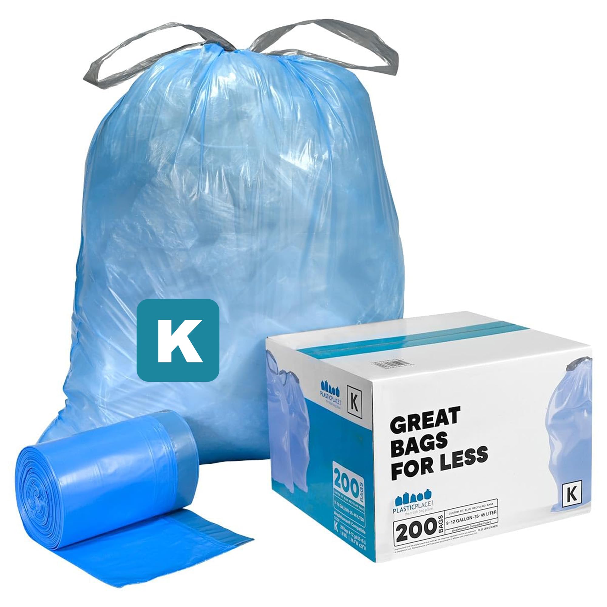 Plasticplace Rubbish Bags simplehuman Code K Compatible (200 Count)│Tinted Blue Drawstring Rubbish Liners 10 Gallon / 38 Liter │ 24.4" x 28"