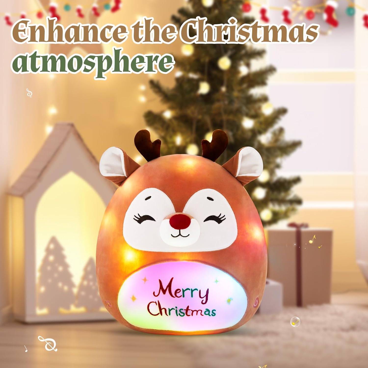 Houwsbaby 12" Light Up Elk Plush Pillow, Reindeer Stuffed Animal with Christmas Music, Creative Christmas Decoration, Presents for Boys & Girls