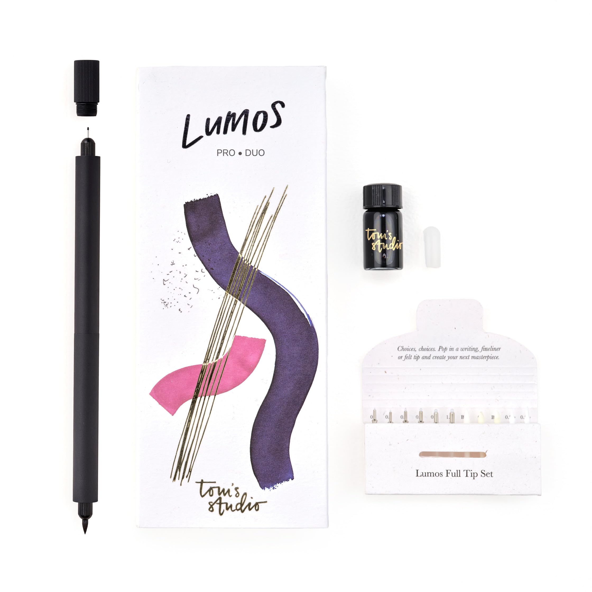 Tom's Studio Lumos Pro Duo Tip (negro mate) | Fineliner recargable, bolígrafo de escritura y pincel | Viene con 11 puntas, muestra de tinta negra profunda de 3 ml y 2 tanques de tinta