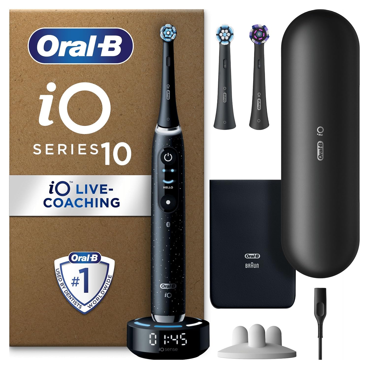 Oral-B iO10 Electric Toothbrushes Adults, Gifts For Women/Men, 1 Handle, 3 Toothbrush Heads, Charging Travel Case, Toothbrush Head Holder, 7 Modes, 2 Pin UK Plug, Cosmic Black, Oral B IO Toothbrush