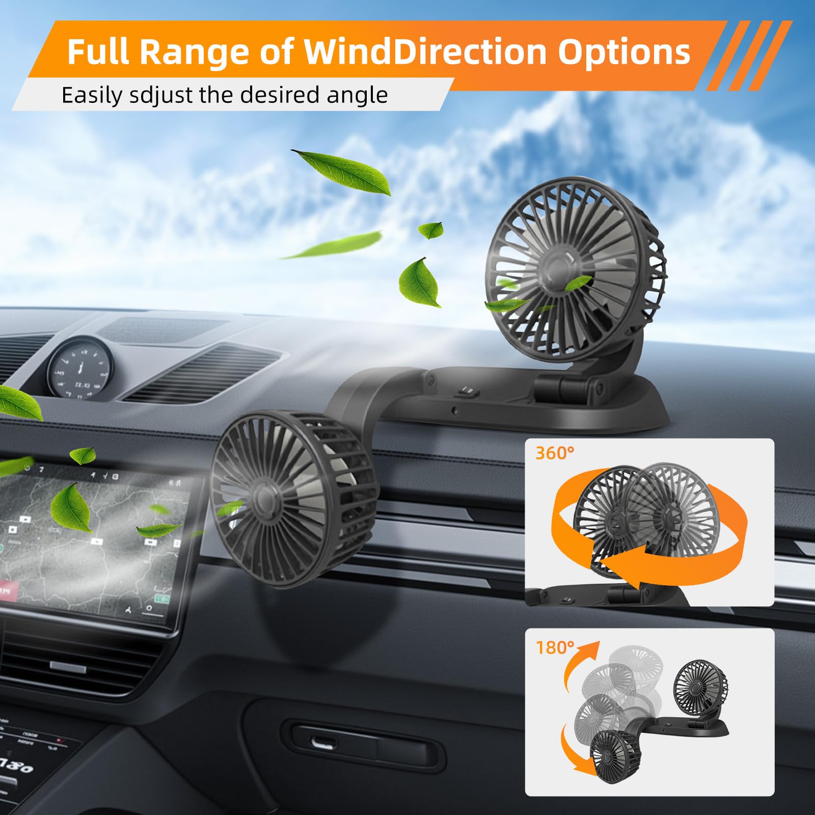 Ventilatore Auto Doppia Testa USB | 360° Rotazione | 2 Velocità | Per Cruscotto Auto E Casa - Foto 6