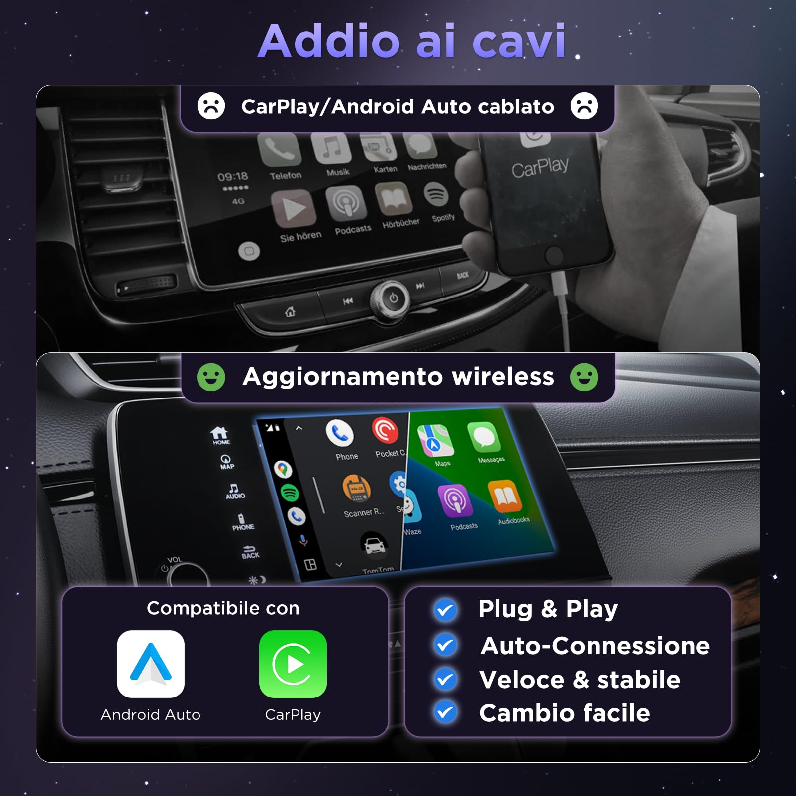MSXTTLY Adattatore Android Auto Wireless, Carplay Wireless per iPhone 17-12 & Android 11+, Bluetooth 5.3, Dual Core WLAN 5.8GHz, Veloce e Stabile