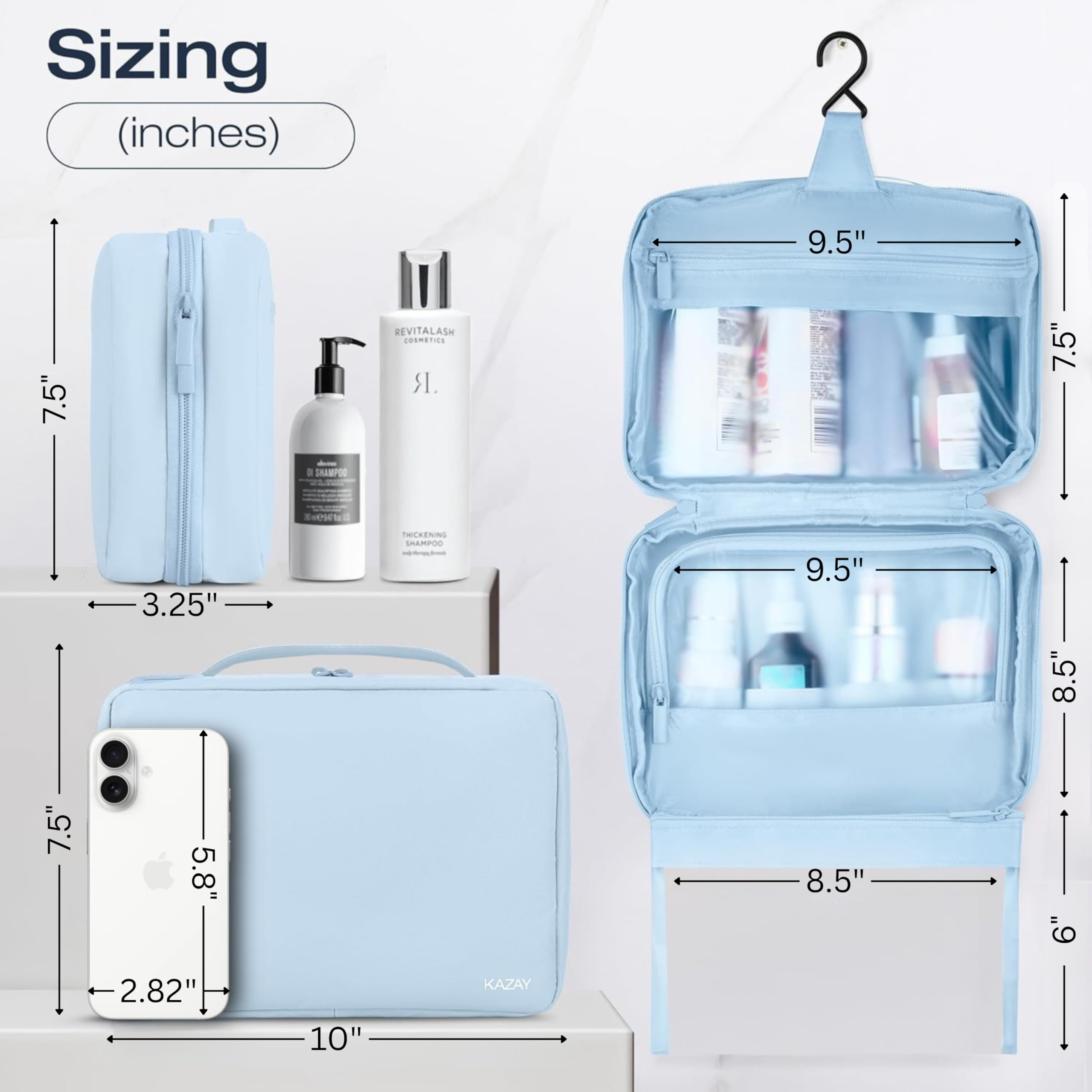 KAZAY Neceser colgante, diseño inteligente 2 en 1 con bolsa desmontable, resistente al agua, nailon premium, botellas de tamaño completo, bolsa de cosméticos, bolsa de maquillaje, Azul claro, Compact