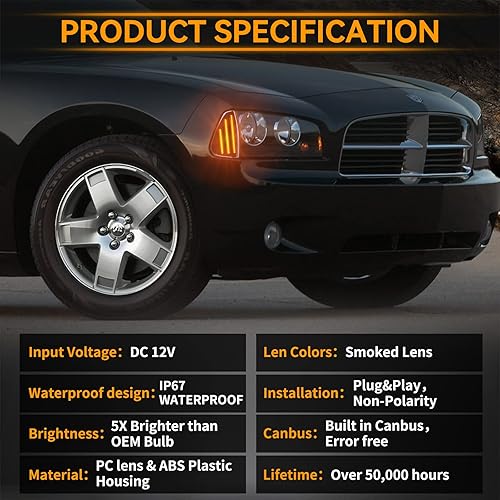 Miniatura 10 de 2 luces LED de esquina delanteras y laterales para Dodge Charger 2006 2007 2008 2009 2010 marcador lateral intermitente Lámparas de esquina para