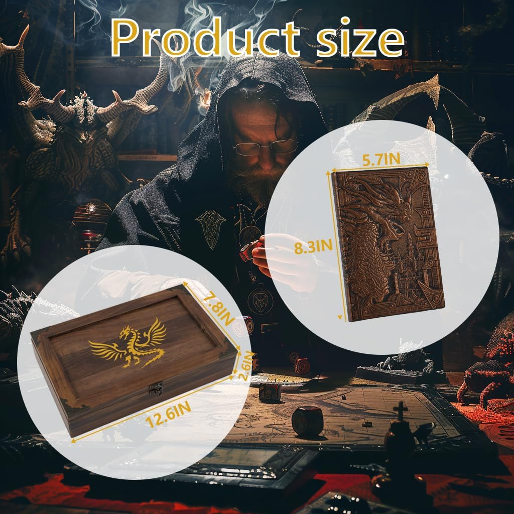 2 In 1 Dnd Dice Box Metal Dice Wooden Box with DND Notebook For Rolling & Storage Organizer RPG Table Games Dice Tray Dungeons & Dragons Players Or Metal Polyhedral Dice Collectors Case(Flame)