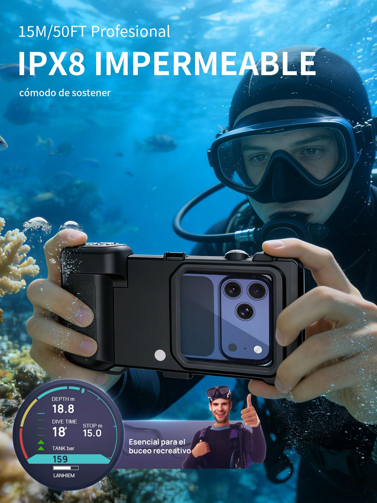 Funda Impermeable Móvil Universal IP68 para Buceo, Negro | Compatible con iPhone Samsung y Otros Smartphones de 4.7" a 6.9", Carcasa Submarina Universal, Control Bluetooth
