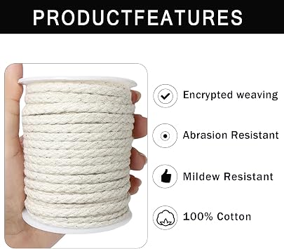 Macrame Cord for Bag,Wall Hanging, 5mm Cotton Rope 20 Yards