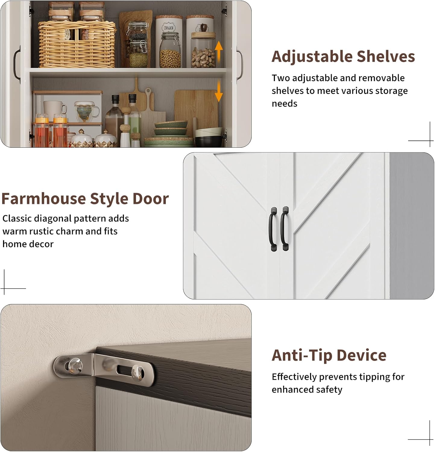 IDEALHOUSE 70" Kitchen Pantry Storage Cabinet, Farmhouse Kitchen Cabinet with 4 Doors & 3 Adjustable Shelves, Freestanding Cupboard for Dining Room,Living Room,White