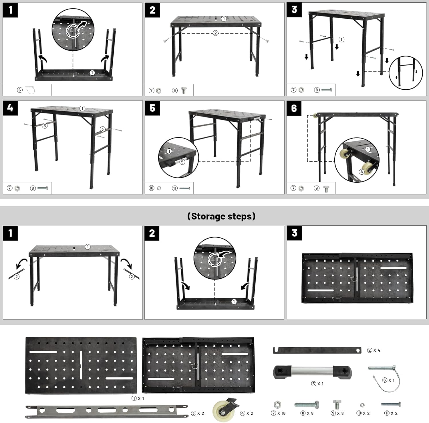 Portable Folding Welding Table w/Wheels & Handle, 42" x 21" Tabletop, 7-Level Height Adjustable, 1000lbs Load Capacity Heavy Duty Fabrication Steel Workbench for Garage, 0.79" Fixture Holes