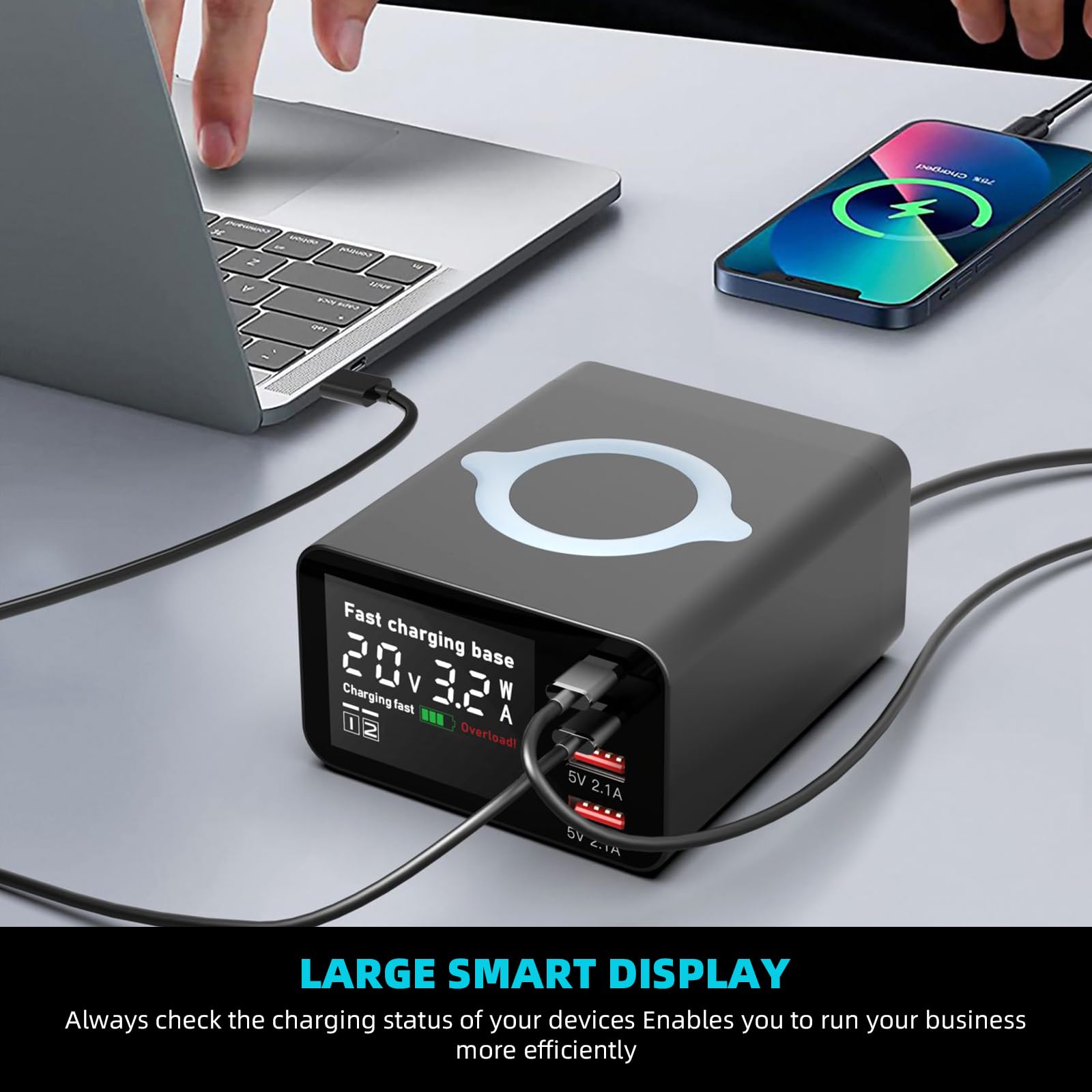Caricabatterie USB C portatile veloce, stazione di ricarica multi porta con display in tempo reale, spina di ricarica sicura e affidabile per telefoni cellulari, tablet, laptop, smart watch, viaggi,