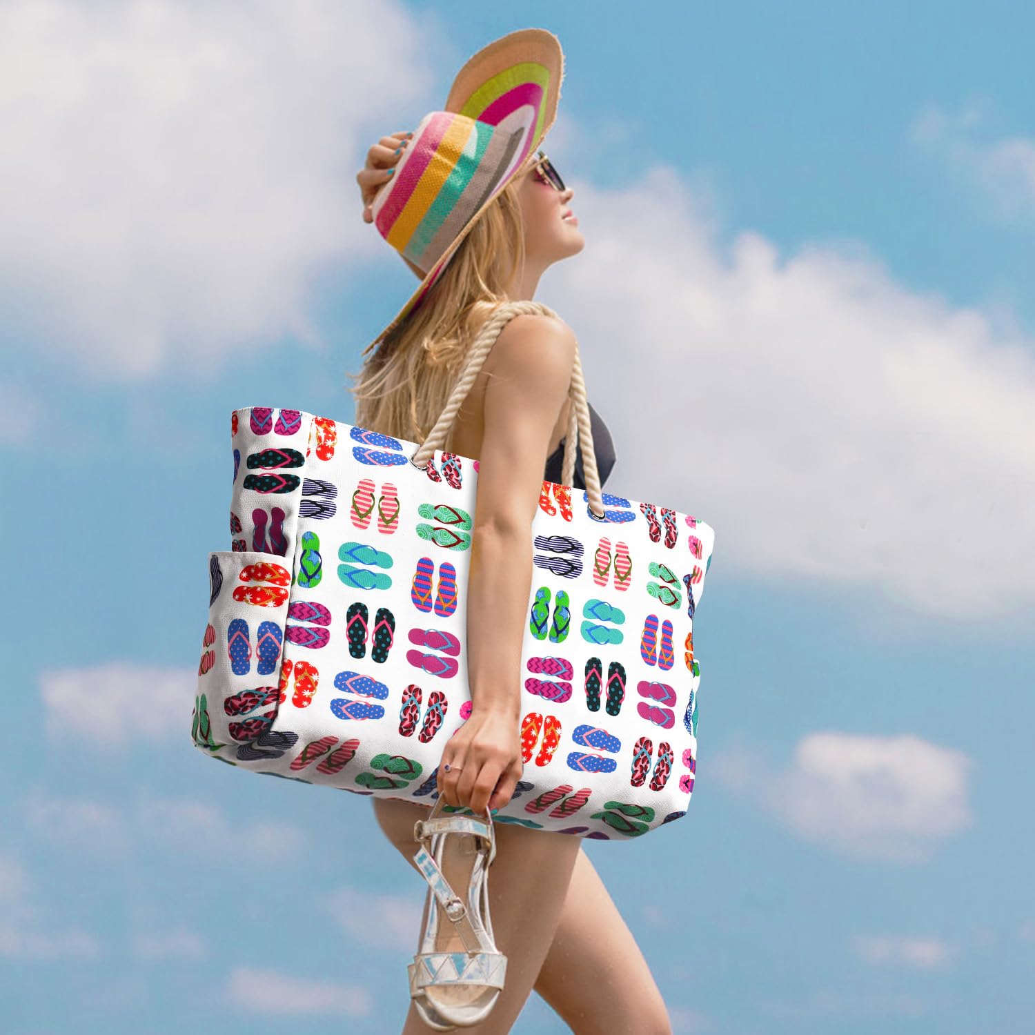 oscaurt Sac de plage à rayures - Sac de plage étanche - Grand sac de plage avec fermeture éclair - Sac de shopping pour femme - XXL - Famille - Sac de courses - Sac à bandoulière - Uni - Sac de voyage