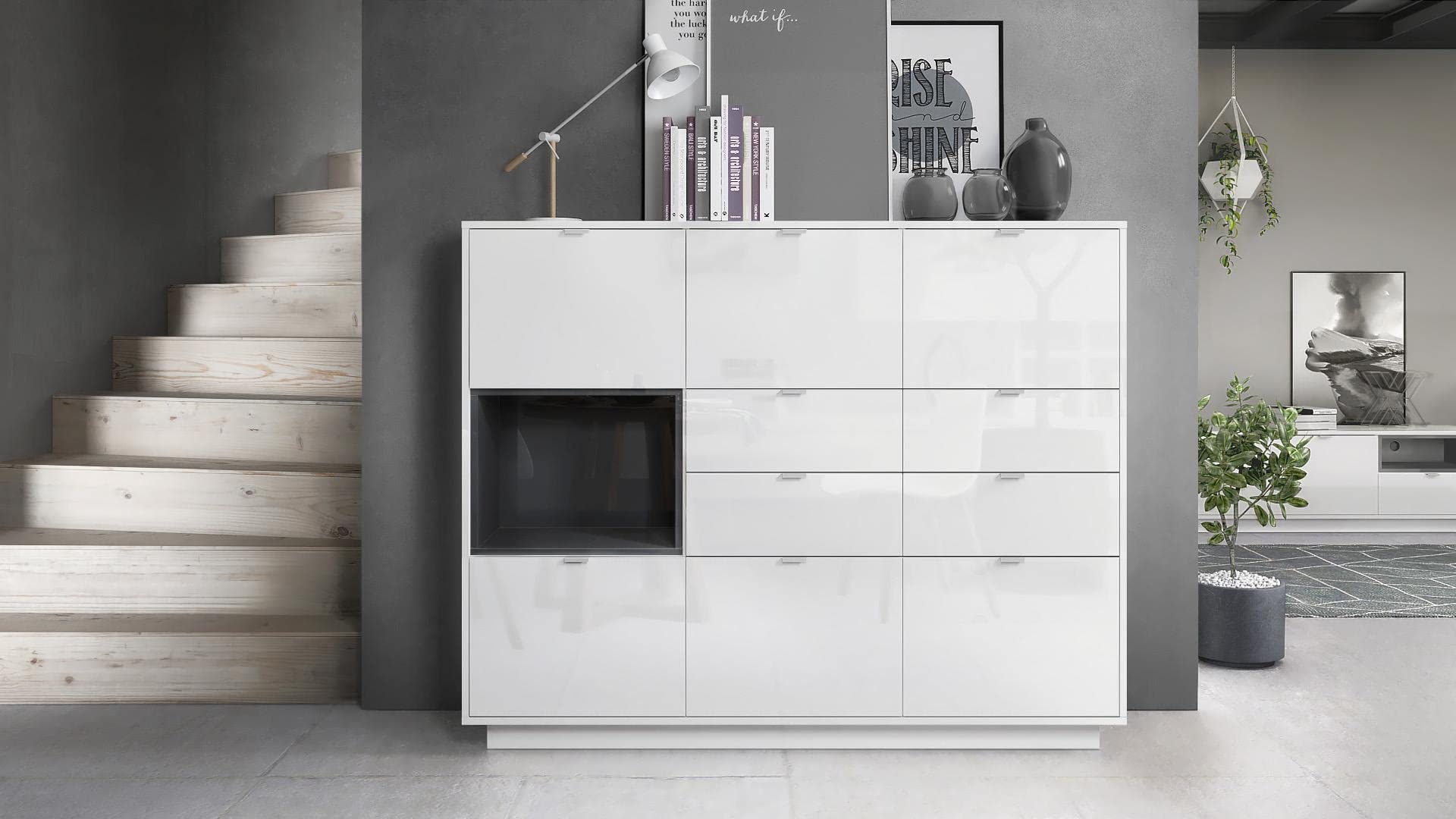 Vladon Buffet Haut Armoire Metro V2, Corps en Blanc Haute Brillance/Façades en Blanc Haute Brillance avec Une Insertion en Noir Haute Brillance