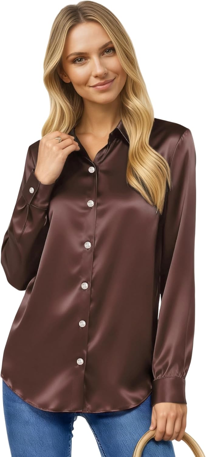 Satin Shirts for Women, Silk Blouses for Women Dressy Elegant Satin Button Down Shirts Holiday Tops Christmas Party Outfits - Image 2