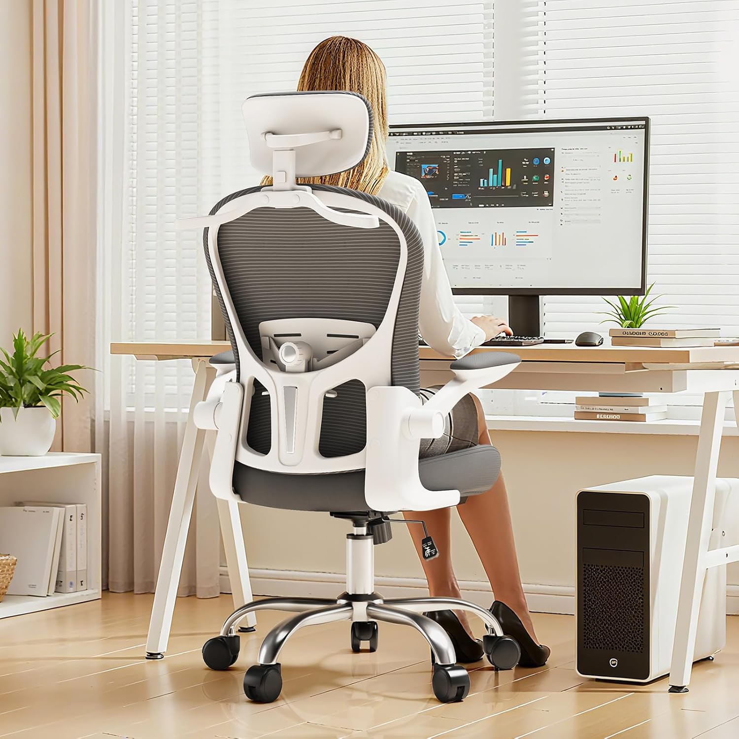 Ergonomic Gaming Chair with Adjustable Lumbar Support and Headrest, High Back Computer Chair for Office and Home Desk, 90-120° Reclining Swivel Task Chair with Flip-Up Arms(White-Grey)