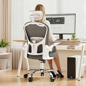 Ergonomic Gaming Chair with Adjustable Lumbar Support and Headrest, High Back Computer Chair for Office and Home Desk, 90-120 Reclining Swivel Task Chair with Flip-Up ArmsWhite-Grey