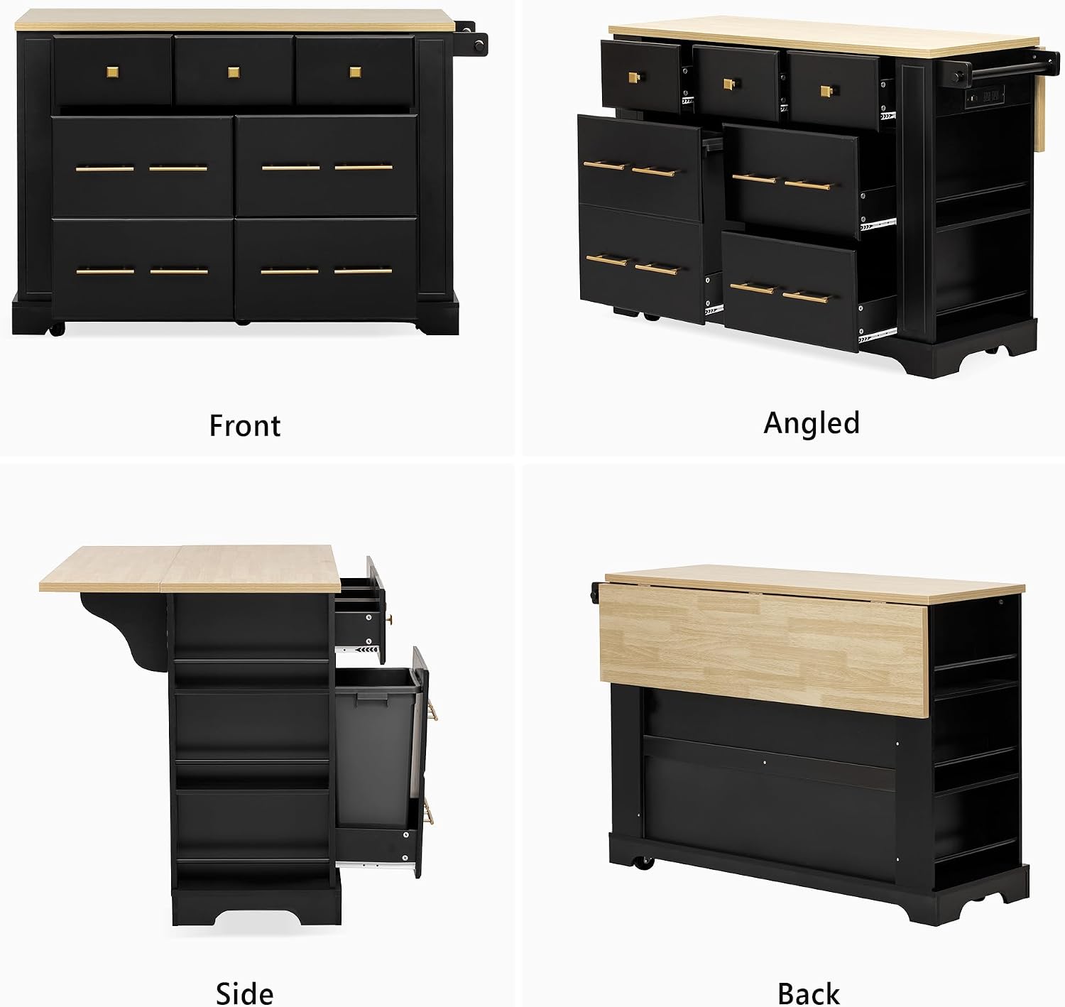51.2" Kitchen Island with Drop Leaf, Pull Out Trash Can Storage, Power Outlet & 5 Open Side Racks, 6 Drawers Rolling Kitchen Cart on Wheels for Kitchen, Dining Room (Black)
