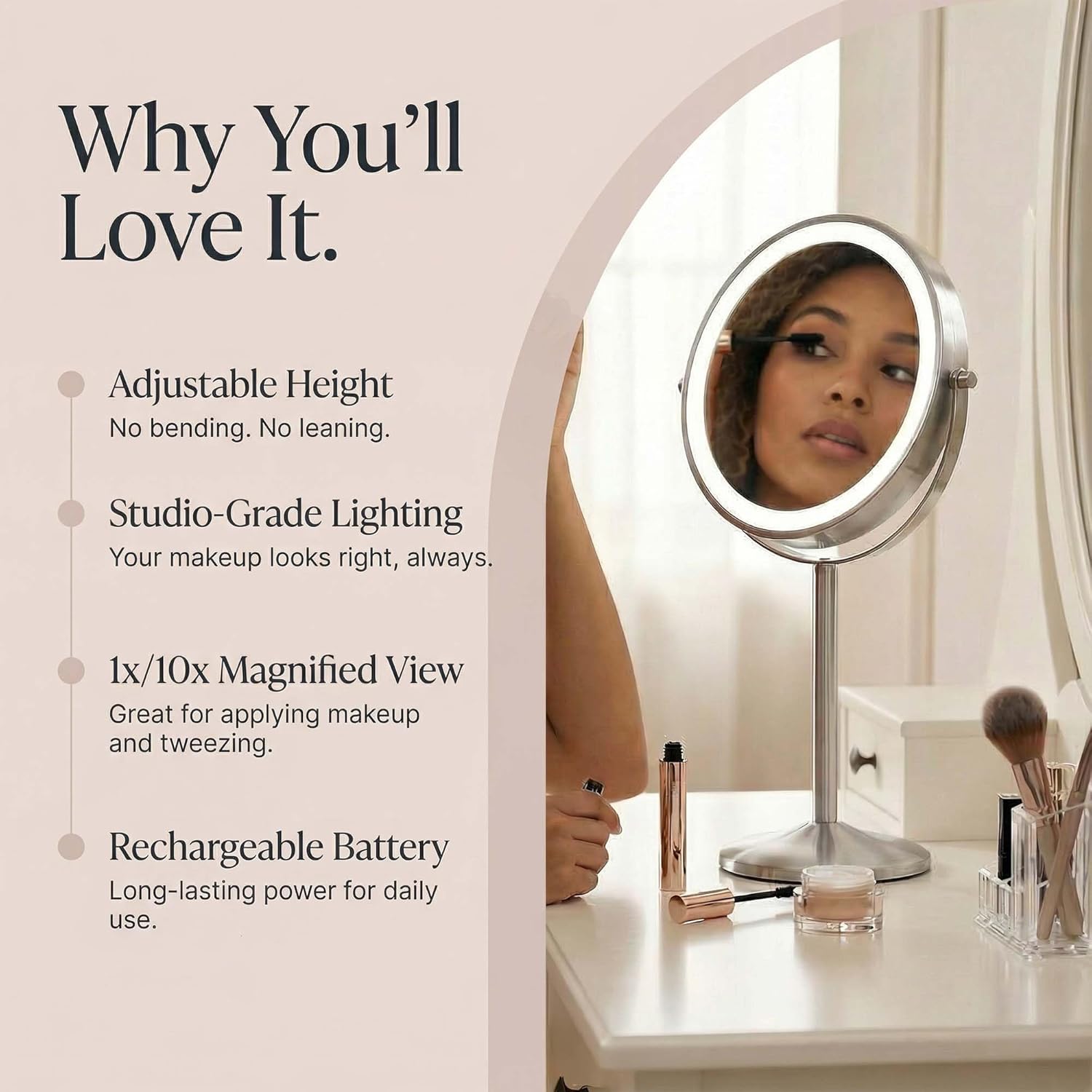 Fancii 9-Inch Lighted Makeup Mirror Height Adjustable with 10X /1X Magnification - Rechargeable, Double Sided LED Vanity Mirror with Light and Stand, 360° Swivel (Hailey) - Image 6