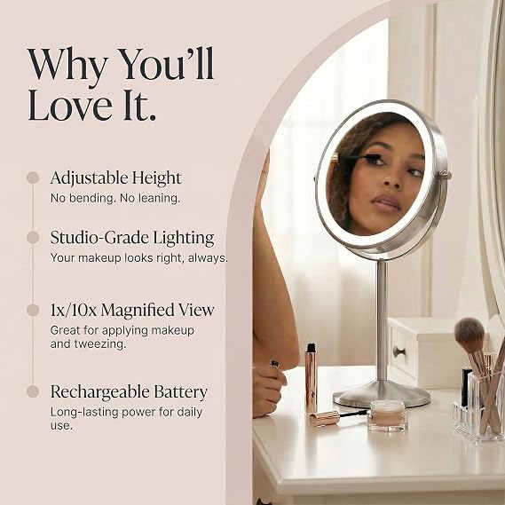 Fancii 9-Inch Lighted Makeup Mirror Height Adjustable with 10X /1X Magnification - Rechargeable, Double Sided LED Vanity Mirror with Light and Stand, 360 Swivel