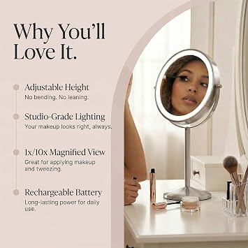 Fancii 9-Inch Lighted Makeup Mirror Height Adjustable with 10X /1X Magnification - Rechargeable, Double Sided LED Vanity Mirror with Light and Stand, 360 Swivel