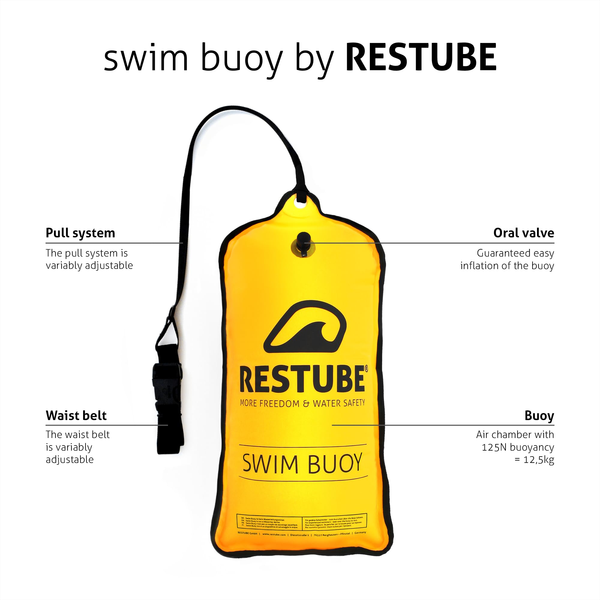 RESTUBE - Boa da nuoto con cintura regolabile, 12,5 l, dispositivo di sicurezza premium per nuoto in acque libere, 12,5 kg, senza PVC, ideale per triathlon, kayak, altamente visibile