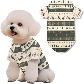Christmas Tree Pet Tropical Clothes, Reindeer Pine Tree Small Dog Shirt Puppy Summer Appeal, Green Tribal Stripes Pets Hawaiian T-Shirt for Dogs Pug Yorkie Rabbit - M