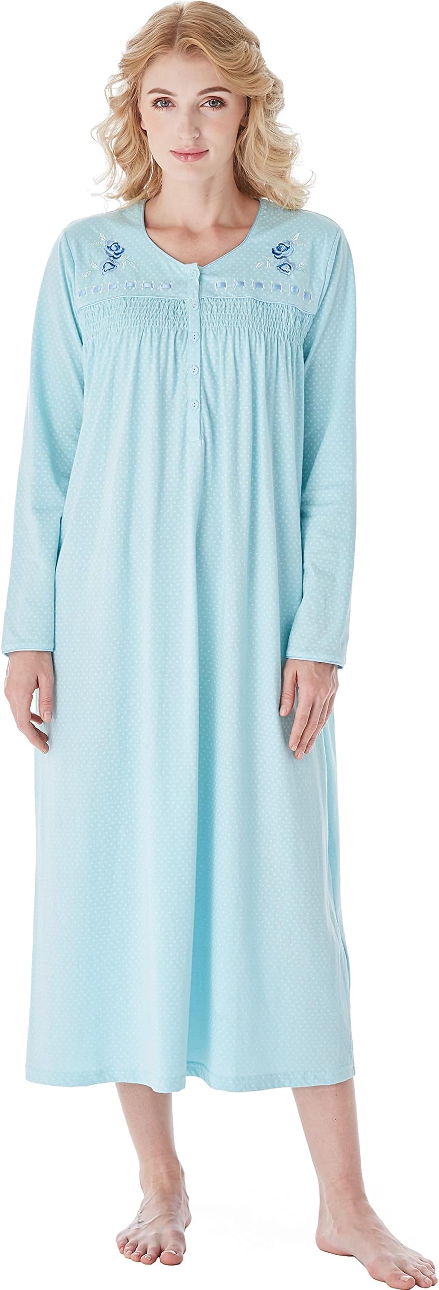 Keyocean Nightgowns for Women, Soft Cotton Comfy Lightweight Embroidered Long-sleeve Nightdress