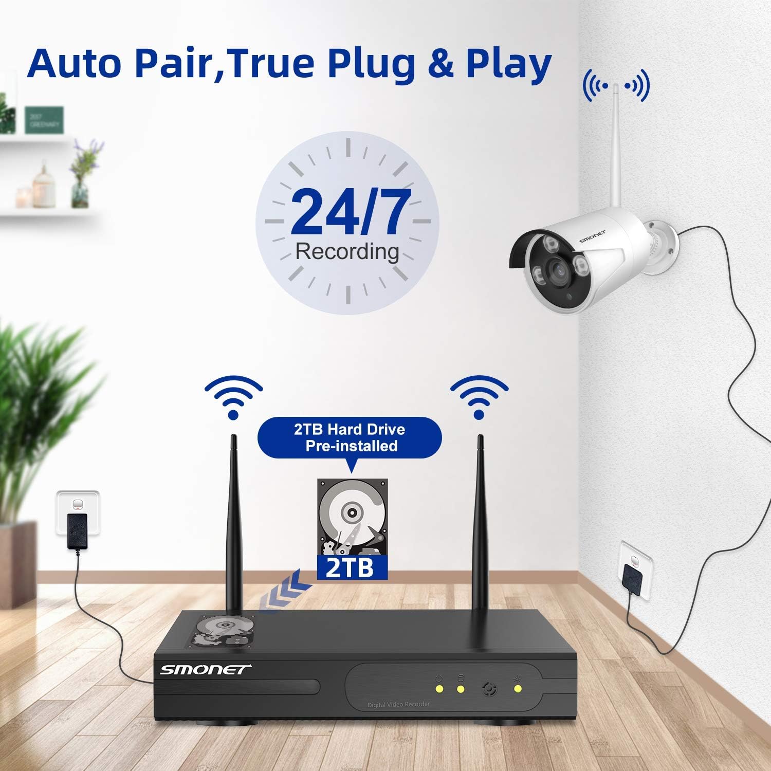 SMONET Wireless Security Camera System,8-Channel Full HD 1080P Home Video Security System,4pcs 2.0MP Indoor Outdoor WiFi IP Cameras,P2P,Night Vision,Remote View,Free APP,Off-White