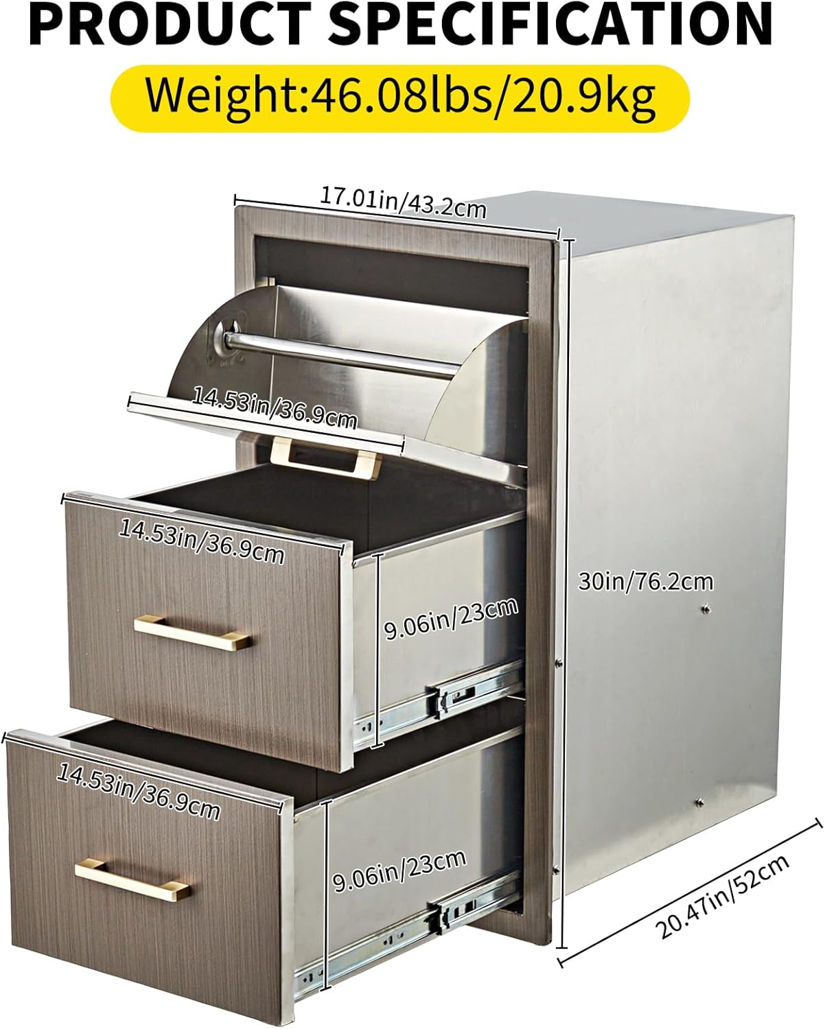Outdoor Kitchen Drawers 17" W x 30" H x 21" D, Flush Mount Triple BBQ Drawers with Stainless Steel Handle, Paper Towel Holder Combo for BBQ Island, Patio Grill Station
