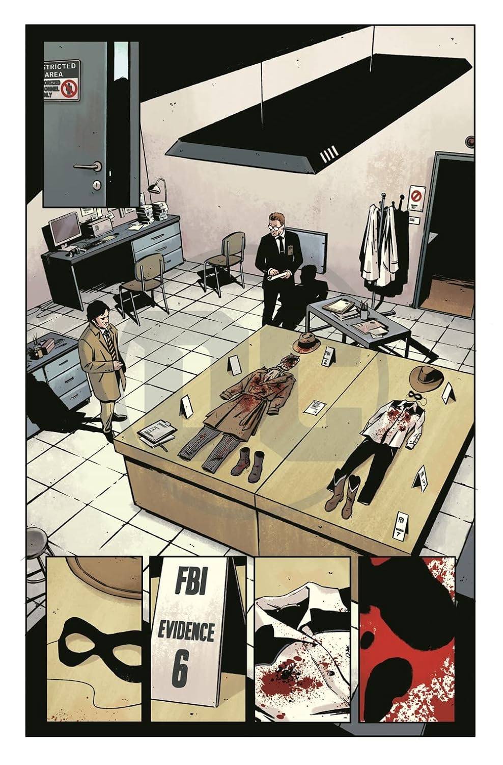 Crime scene investigation in an office, with two bodies on a table and FBI evidence markers.