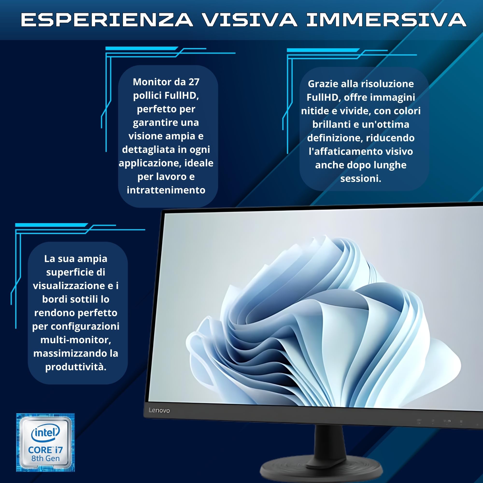 Lenovo PC Completo Ufficio Professionale i7 8700 fino a 4.6ghz - Monitor 27 Pollici FHD 32 GB di Ram 1 Tera SSD - Kit mouse e tastiera layout Italiano - Win 11 Pro Office 2021 Pro Garanzia 36 Mesi