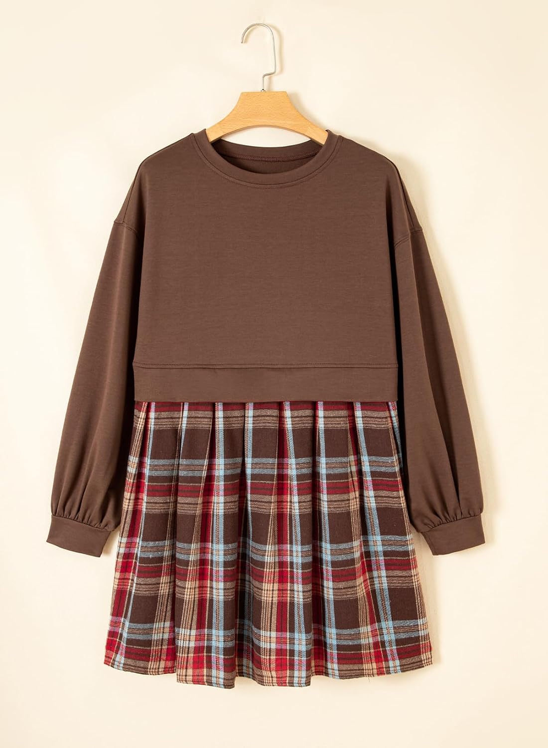 BLENCOT Womens Fall Dresses Plaid Patchwork Babydoll Long Sleeve Dress image 4