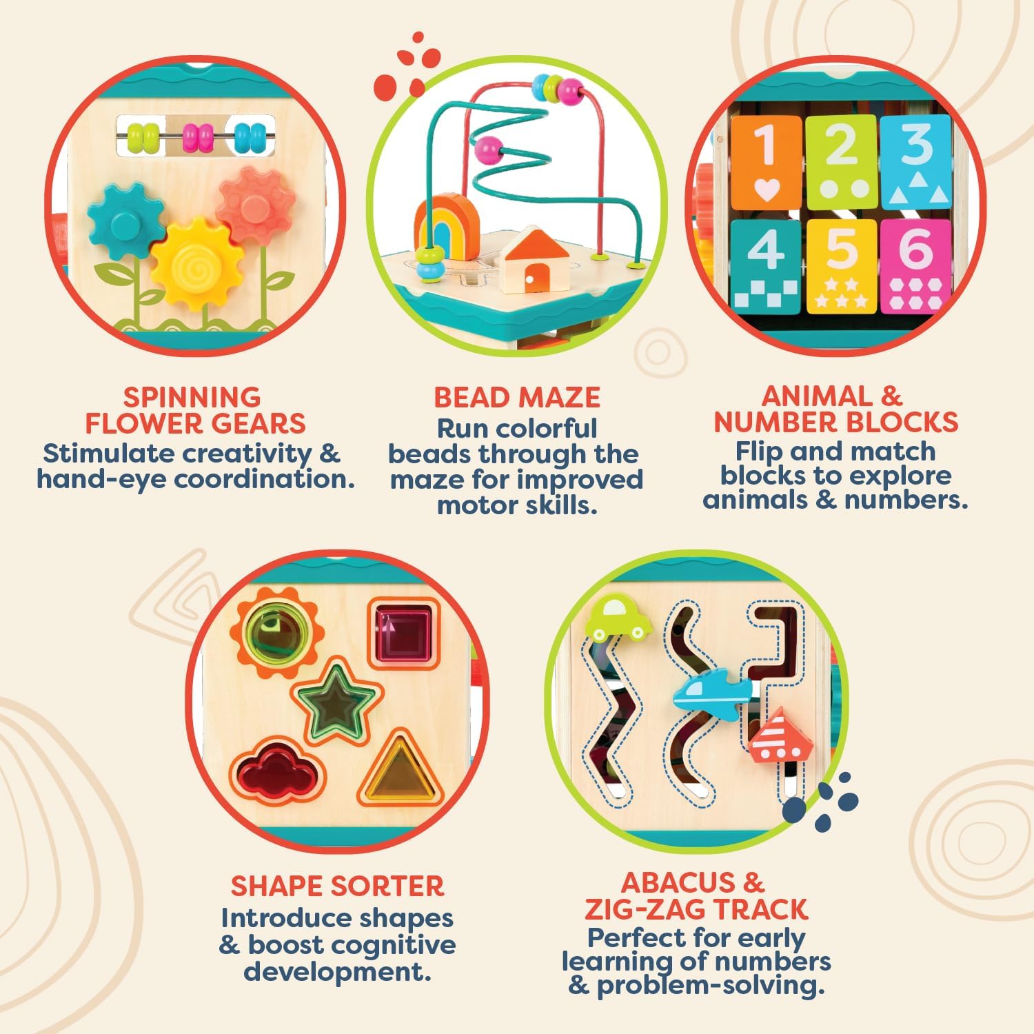 B. toys – Activity Cube – Educational Storybook Included – Wooden Shape Sorter, Bead Maze, Animal Tiles – Top Flips for Compact Storage – 12+ Months – Lil' Learning Cube