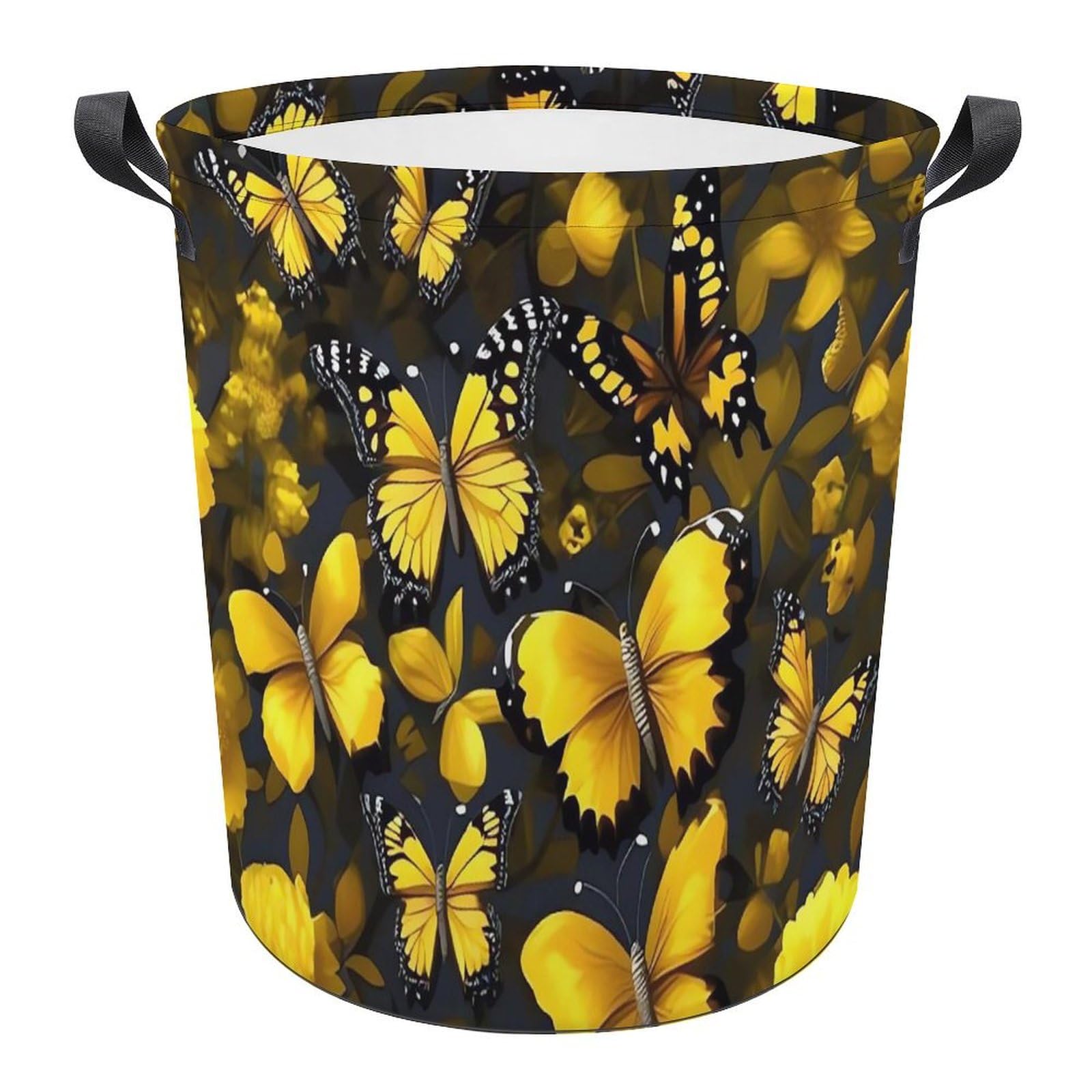 Panier à linge pliable jaune avec papillons pour l'organisation de la maison