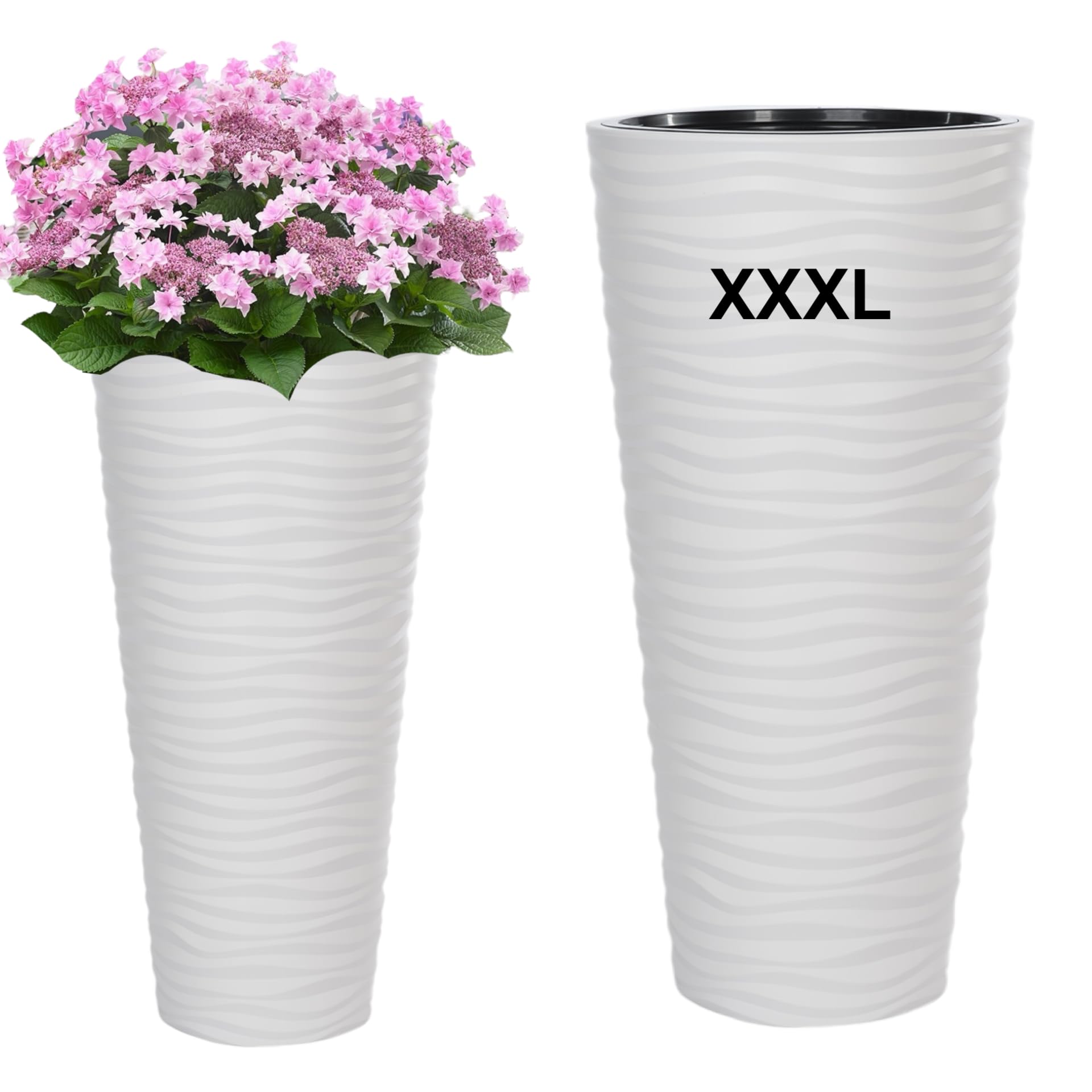 MELTOM Macetero fino redondo con efecto 3D – Color blanco con inserto extraíble, diámetro x alto: 40 x 79 cm