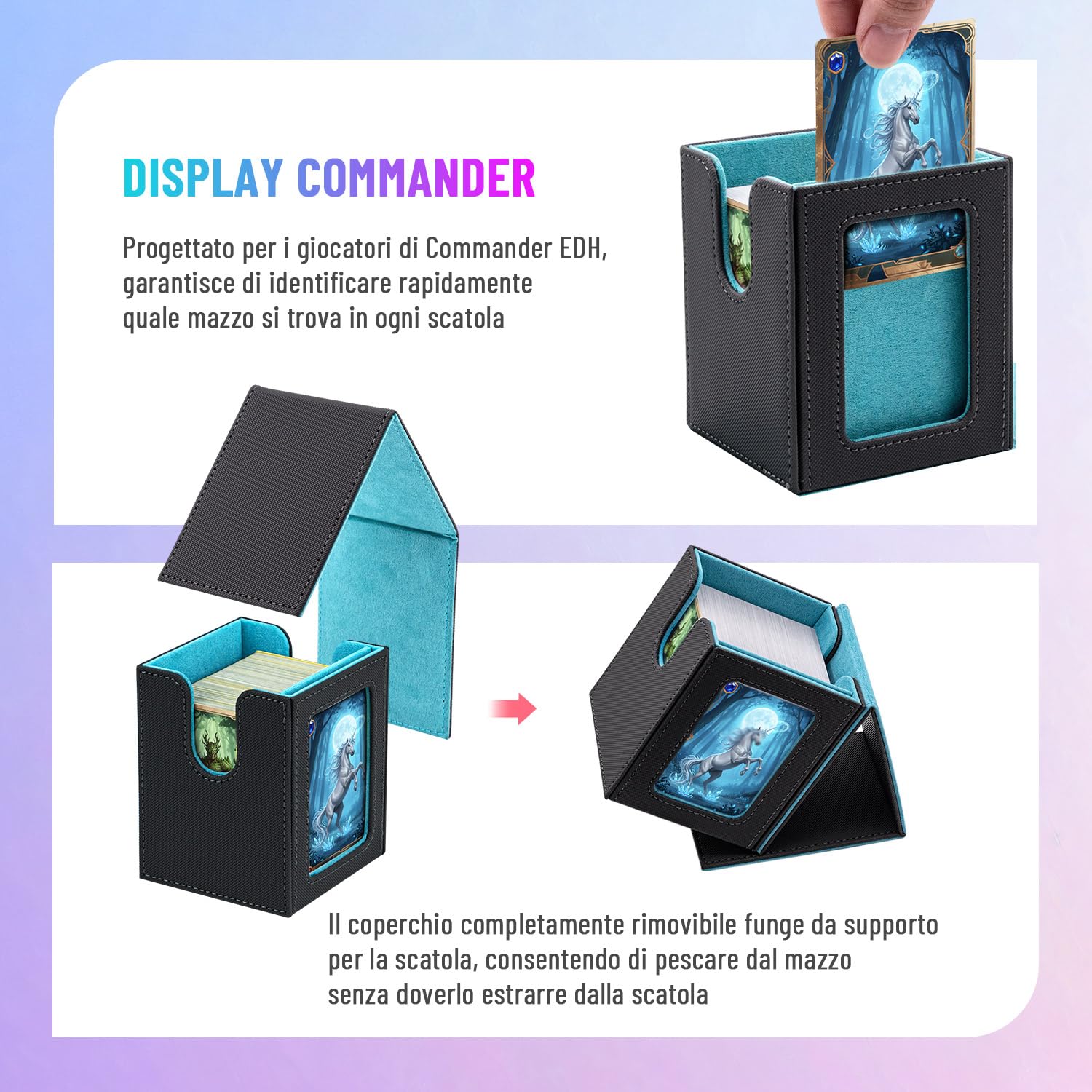 Box Porta Mazzo mit Display per Carte MTG Capacità di 100+ Carte/30+ Carta Toploader,Magnetic Flip Deck Box per le Carte di Magic Commander TCG (Verticale-Blu Chiaro)
