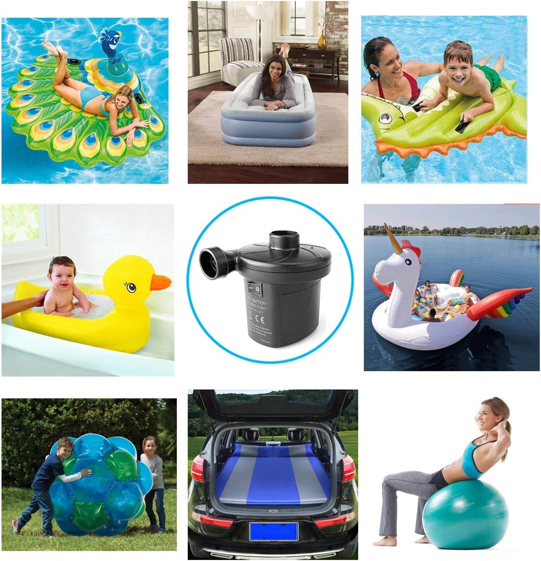 WangYu Battery Powered Inflator Deflator, Electric Quick-Fill Air Mattress Pump Small Blower for Blow Up Pool Toy Inflatables Raft Bed Boat (DC 12V) : Home & Kitchen