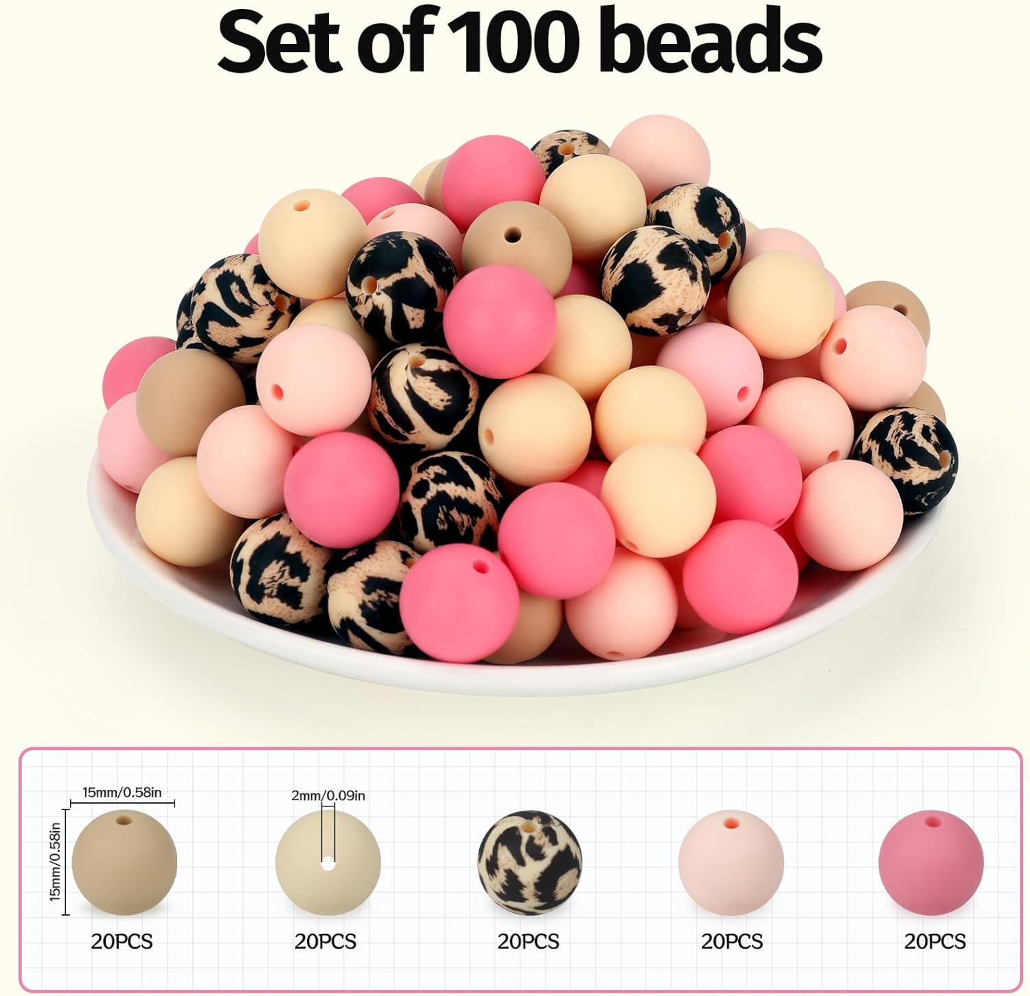 100 Pcs 15mm Silicone Beads for Keychain Making, Pink Gream Silicone Beads Bulk Round for Bracelets Pens Crafts Jewelry Making (Pink Gream) - Image 2