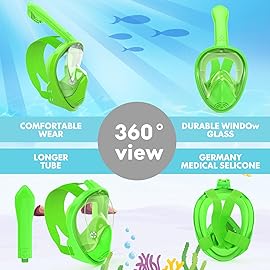 Kids Snorkel Mask Full Face, Snorkeling Gear for Kids 2-14 with Camera Mount, 180 Degree Panoramic View Snorkeling Set Anti-Fog Anti-Leak (Green)