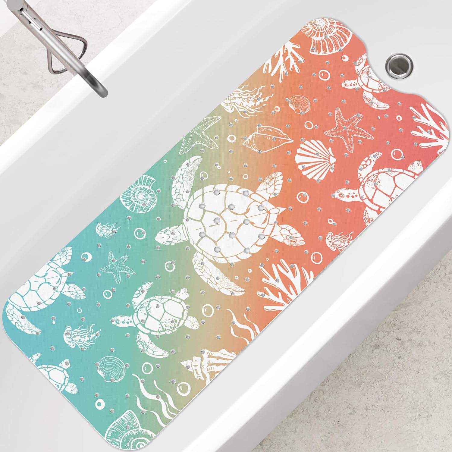 SHUCHING Abstract Sea Turtle Bath Mat for Tub Non Slip-40 X 16Inch, Bathtub Mat Anti Slip, Extra Long Shower Mat for Bathroom Mold Free, Machine Washable