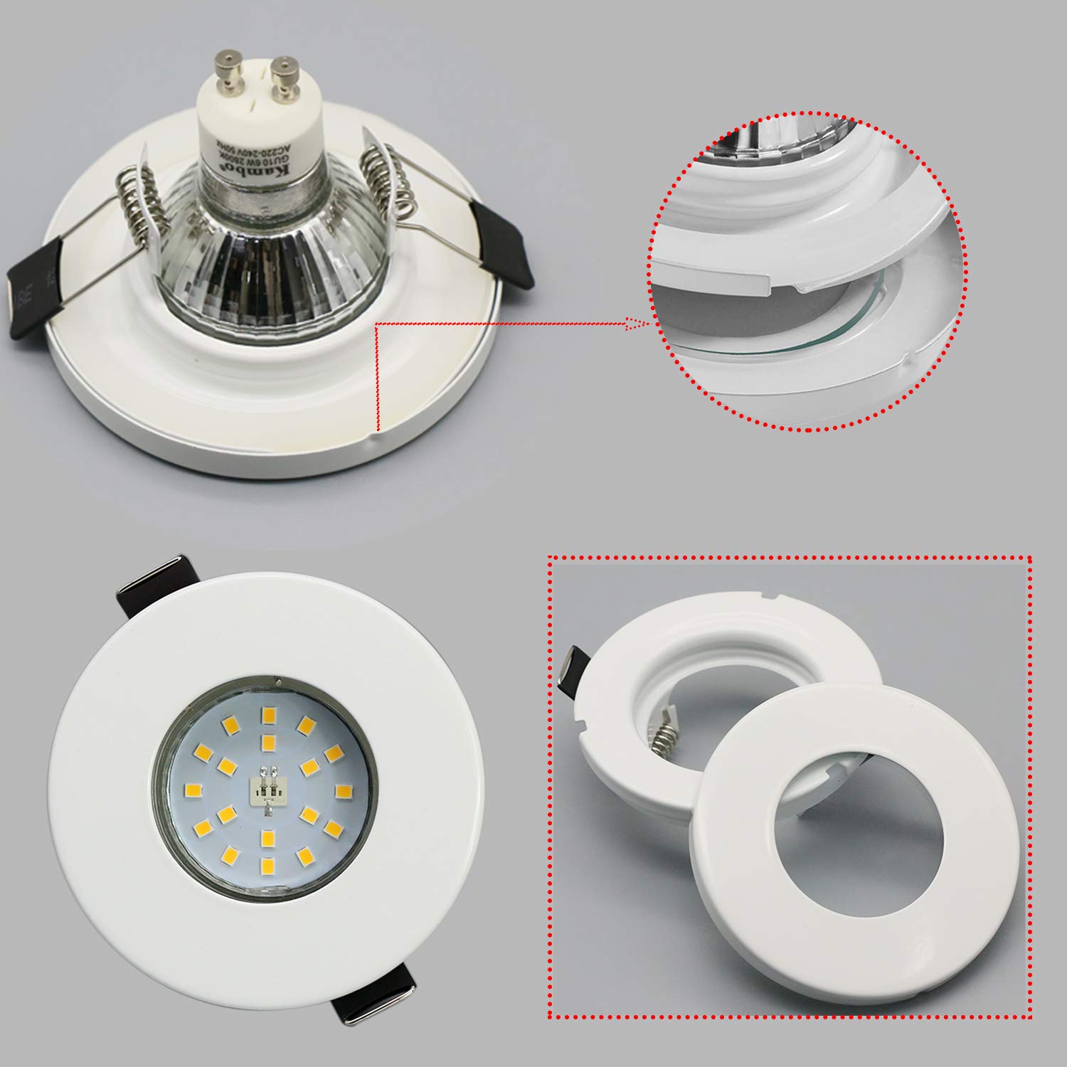 Focos Empotrables GU10 LED de Baño IP44 Impermeable Kambo 6W Equivalente a Incandescente 50W Ø55-80mm Profundidad 80mm Blanco Cálido 2800K 540LM Metal Níquel Blanca Marco Redondo AC 230V 4 Piezas