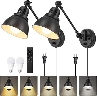 Plug in Wall Sconces Set of Two with Remote, Stepless Dimming & Stepless Colors 2700K-6500K, Swing Arm Wall Lamp, Plug in Wall Light with Night Light & Timer, Hardwired or Plug-in, LED Bulbs Included