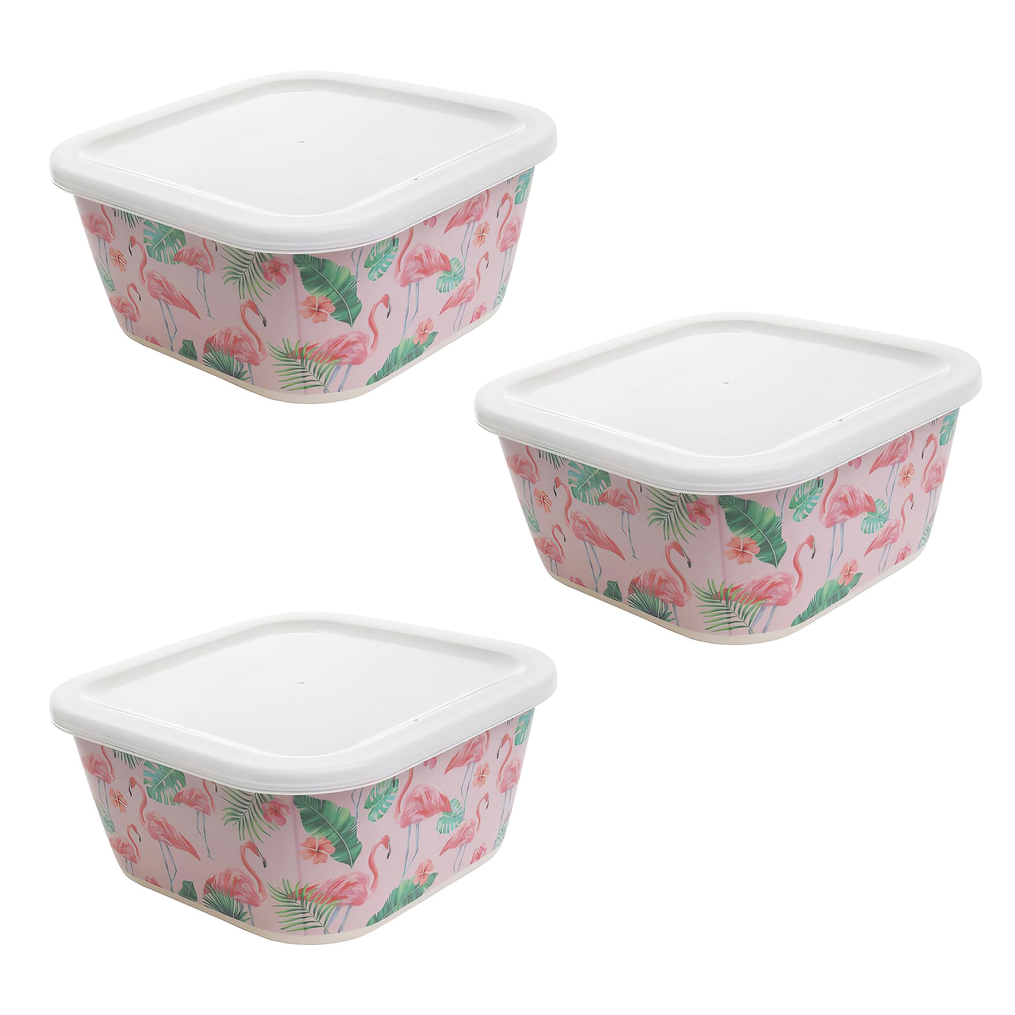 Flamingoes 22-Ounce Bamboo Food Storage Containers, Set of 3 Durable Kitchenware, Sustainable Lunch Boxes, Reusable, Eco Friendly, Organic Bamboo Meal Bins with Airtight Lids (Flamingoes)